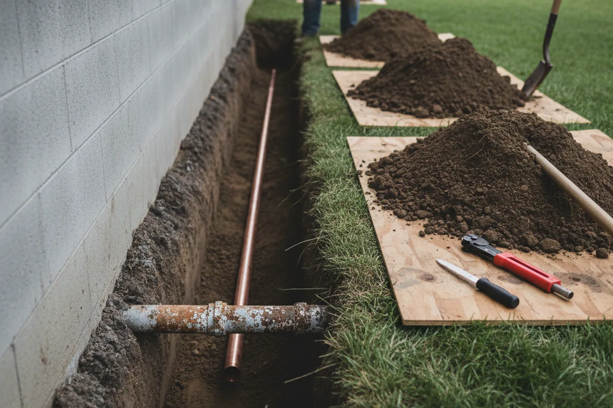 Excavated water line trench during Water Heater Repair in Perry